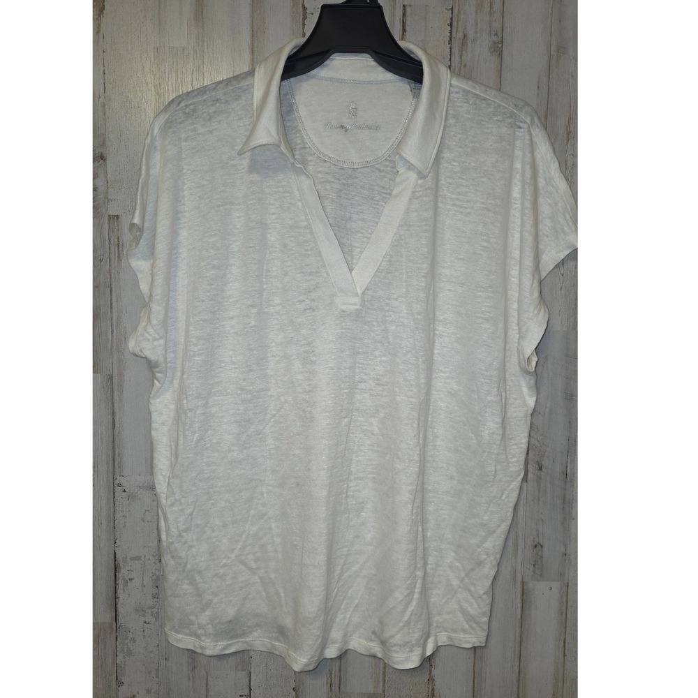 Tommy Bahama size L 100% Linen Collared Top Polo Blouse Knit Semi-sheer Ivory